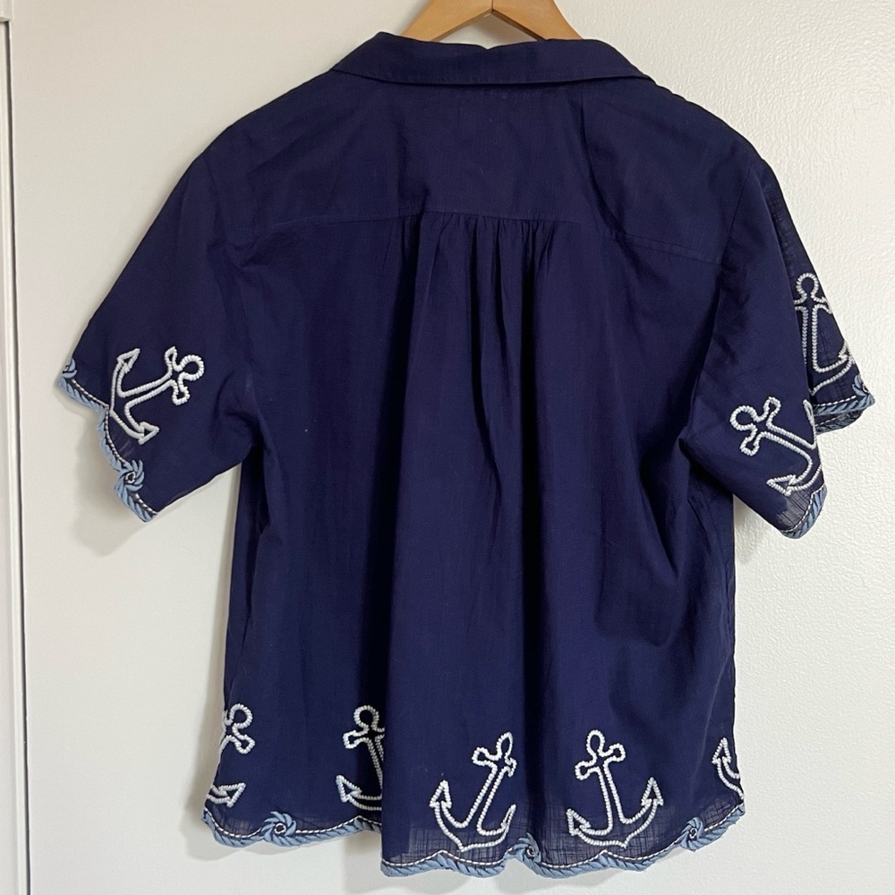 Anthropologie Maeve Henrietta Buttondown Surf Shirt Embroidered Anchor - Picture 8 of 11